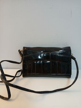 ZAC POSEN Black Patent Clutch/Crossbody Bag with Bow Detail